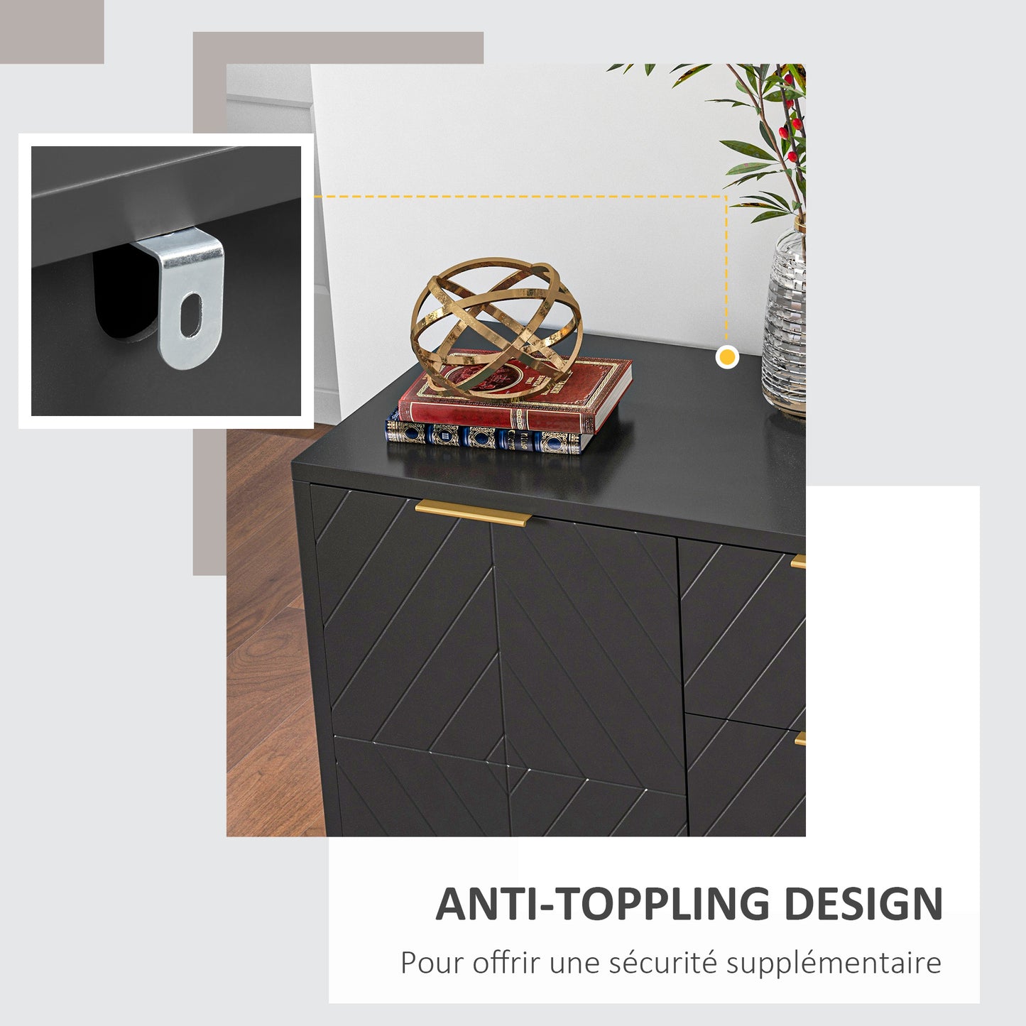 Buffet – Dressoir – Opbergkast – Sideboard – Zwarte houtlook met gouden accenten – Verstelbare planken en 3 schuifladen – Krasbestendig MDF – Anti-kantel veilig