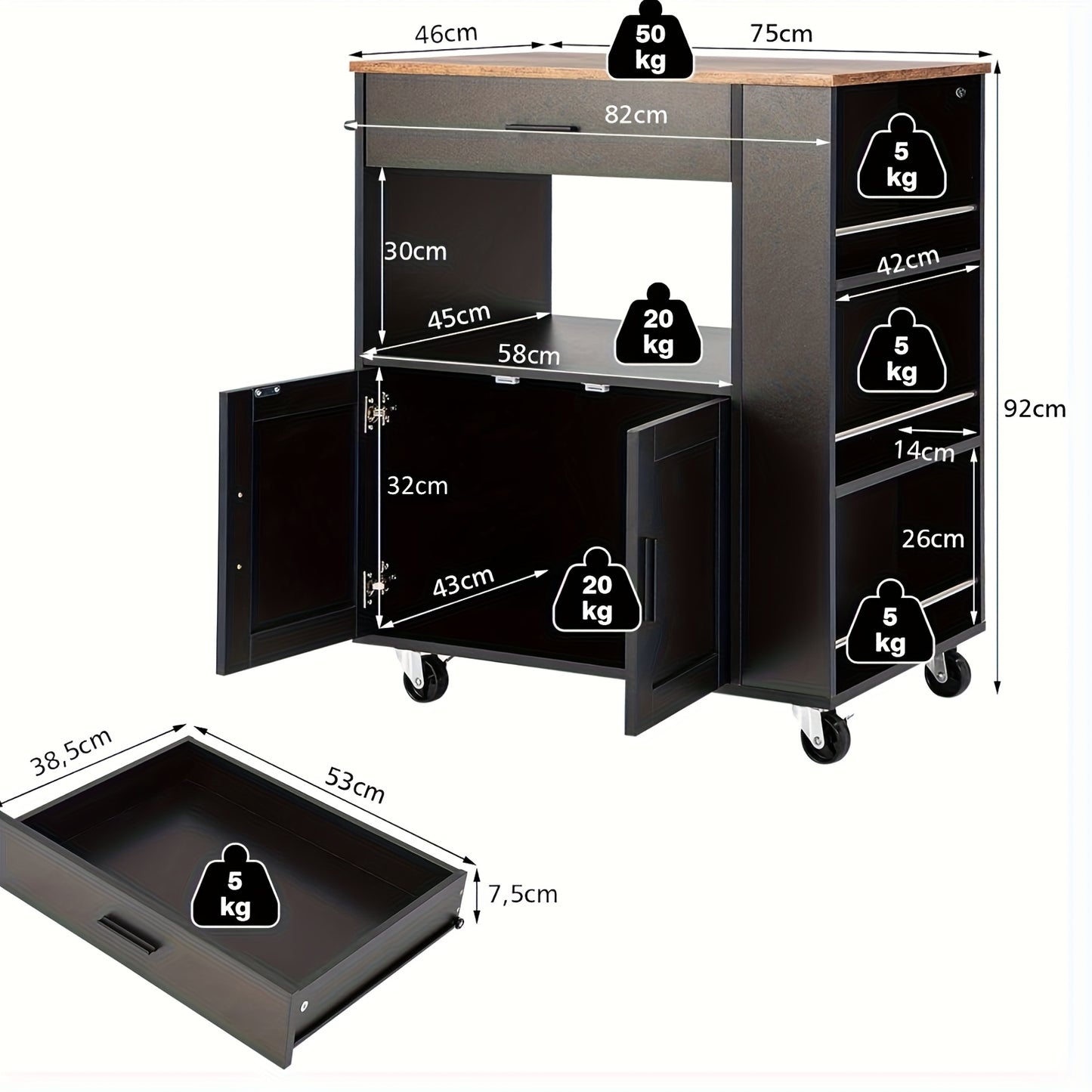 Keukenwagen – Keukentrolley – Serveerwagen – Keukeneiland – Opbergwagen – MDF Hout – 80x46x92 cm – Mobiel met 4 Wielen en 3 Kruidenrekken - Zwart