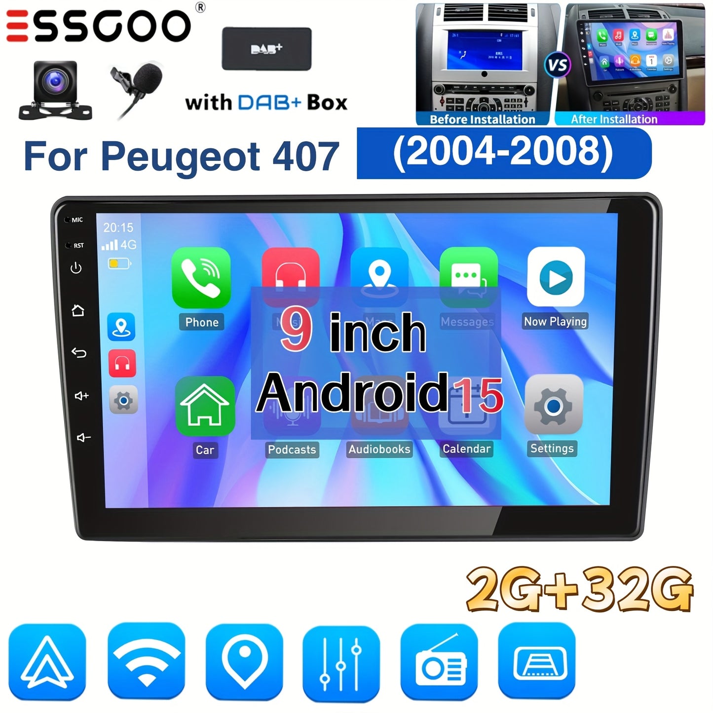 Android 15 Autoradio – 2-DIN Multimedia Speler – Inbouw Radio – Navigatiesysteem – Touchscreen Display – Voor Peugeot 407 (2004-2008) – 9 Inch HD IPS Scherm – Draadloze Android Auto & Wifi