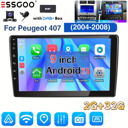 Android 15 Autoradio – 2-DIN Multimedia Speler – Inbouw Radio – Navigatiesysteem – Touchscreen Display – Voor Peugeot 407 (2004-2008) – 9 Inch HD IPS Scherm – Draadloze Android Auto & Wifi