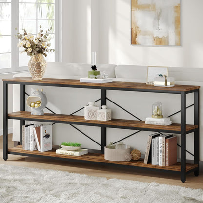 Vintage Sidetable – Industriële Tafel – Sofa Tafel – Console Tafel – Haltafel – 180 cm – 3 Lagen Metalen Frame – Robuust Met Dikke Blad