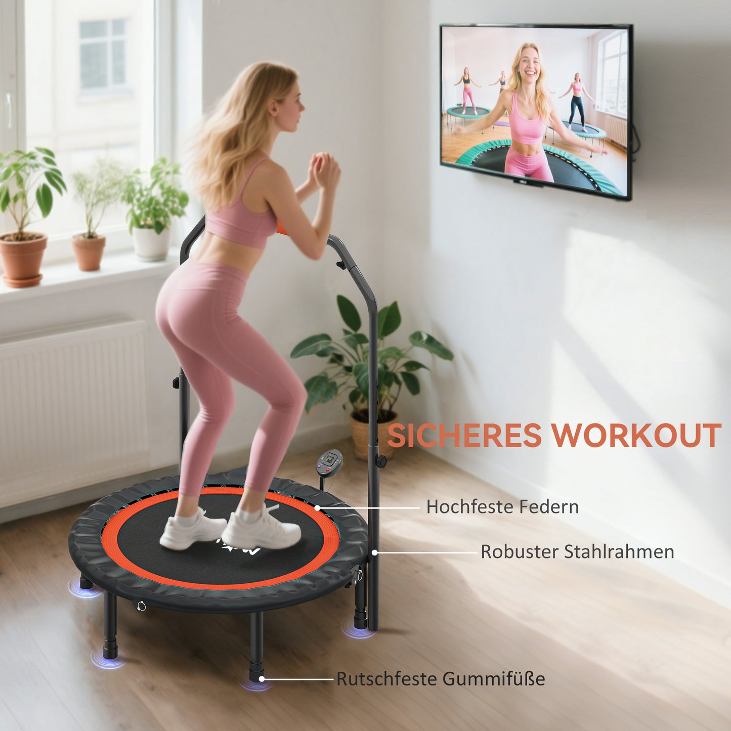 Mini Trampoline – Fitness Trampoline – Jumping Trampoline – Springmat – Trainingsapparaat – Verstelbare Handgreep 99-123 cm – LCD Monitor – Stalen Frame – Zwart/Rood – Ø102 cm