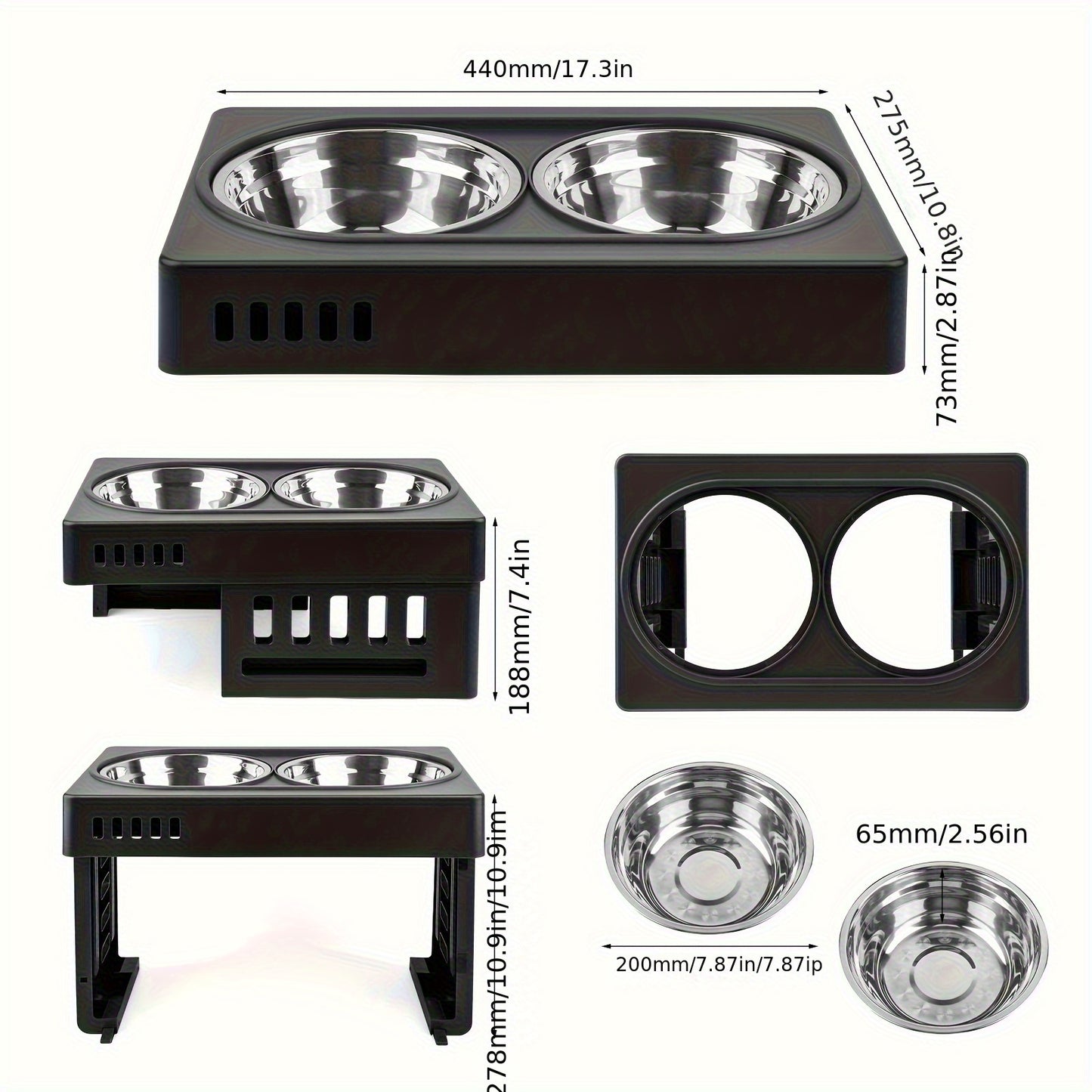 Adjustable Elevated Dog Bowls Stand with 2 Stainless Steel Bowls (73-278mm Height) - Ergonomic Feeder for Large/Medium Dogs, Durable & Easy-Clean Pet Feeding Station for Outdoor, Indoor Use, Dog Feeder, Modern Pet Accessory,