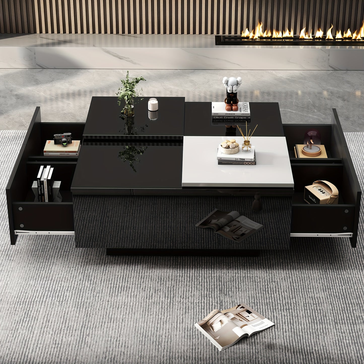 Salontafel – Koffietafel – Tafel – Bijzettafel – Opbergtafel – Zwart Hoogglans Met Wit Uitschuifbaar Blad – Duurzaam Hardhout – Compact Ontwerp Voor Kleine Ruimtes