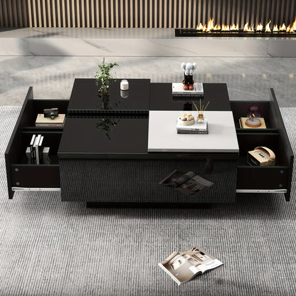 Salontafel – Koffietafel – Tafel – Bijzettafel – Opbergtafel – Zwart Hoogglans Met Wit Uitschuifbaar Blad – Duurzaam Hardhout – Compact Ontwerp Voor Kleine Ruimtes