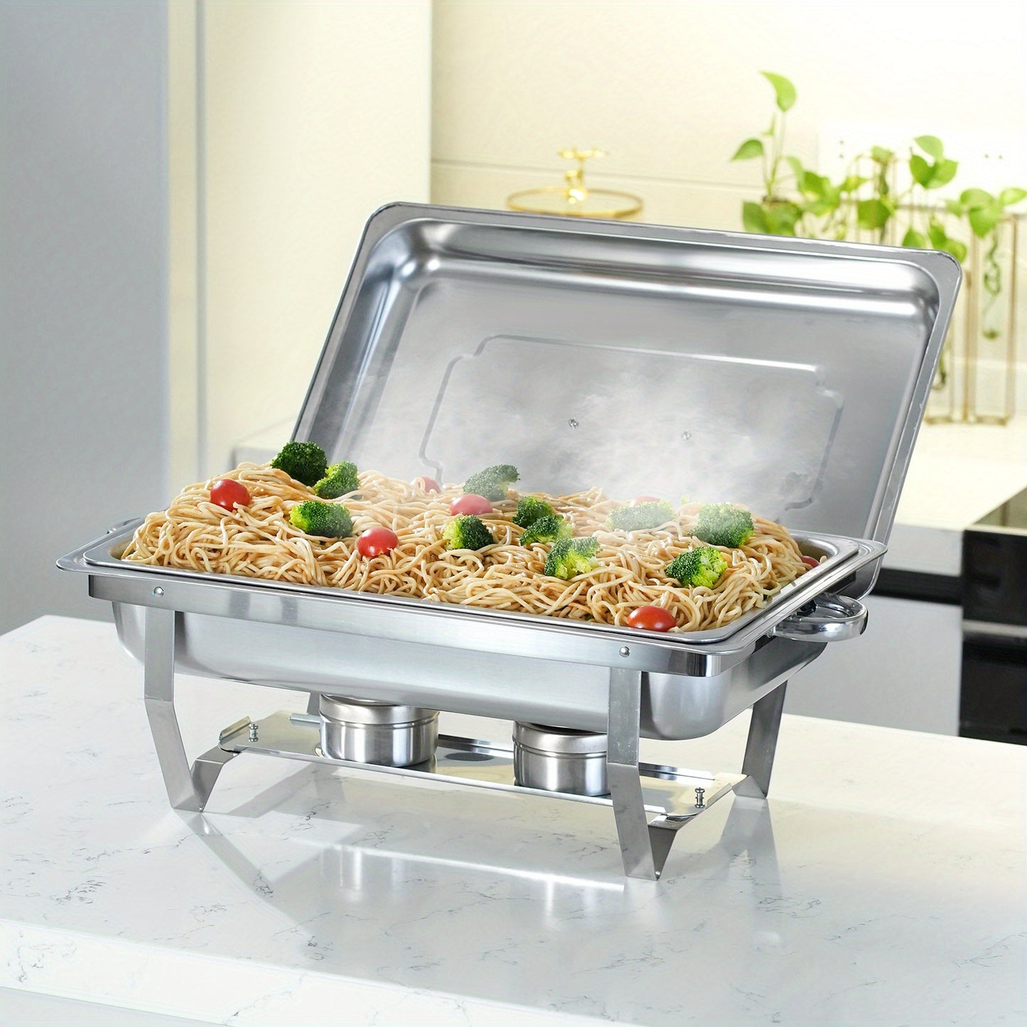 Warmhoudplaat – Buffetwarmer – Chafing Dish – Warmhoudschaal – Rechaud – 6-delig RVS Set – Roll-top Deksel – 7,5 Liter Inhoud