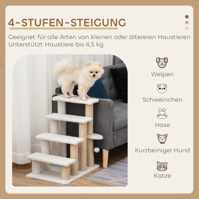 Huisdierentrap – Dierentrap – Hondentrap – Kattentrap – Huisdierenladder – Stevige MDF Trap – Met Pluche Bekleding en Sisal Krabpaal – 60x40x64 cm – Wit/Beige