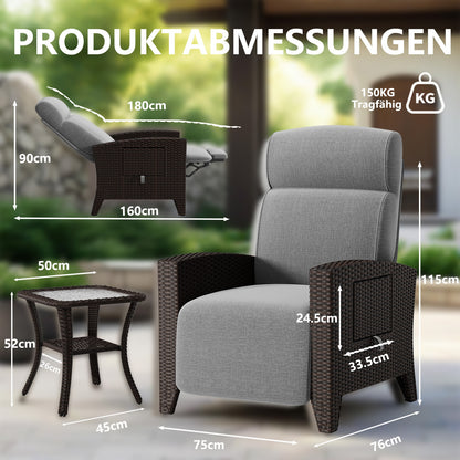Rattan Loungebank – Tuinbank – Loungestoel – Buitenzithoek – Rattan Sofa – Diepgrijs – Verstelbare Rugleuning 160° – Extra Groot Met Bijzettafel