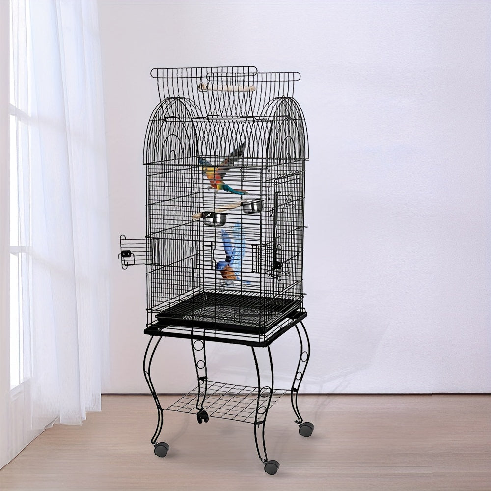 Vogelkooi – Parkietenkooi – Kanariekooi – Papegaaienkooi – Volière – Gepoedercoat Metaal – Open Bovenkant Met Rolstandaard 59x59x150 cm Zwart