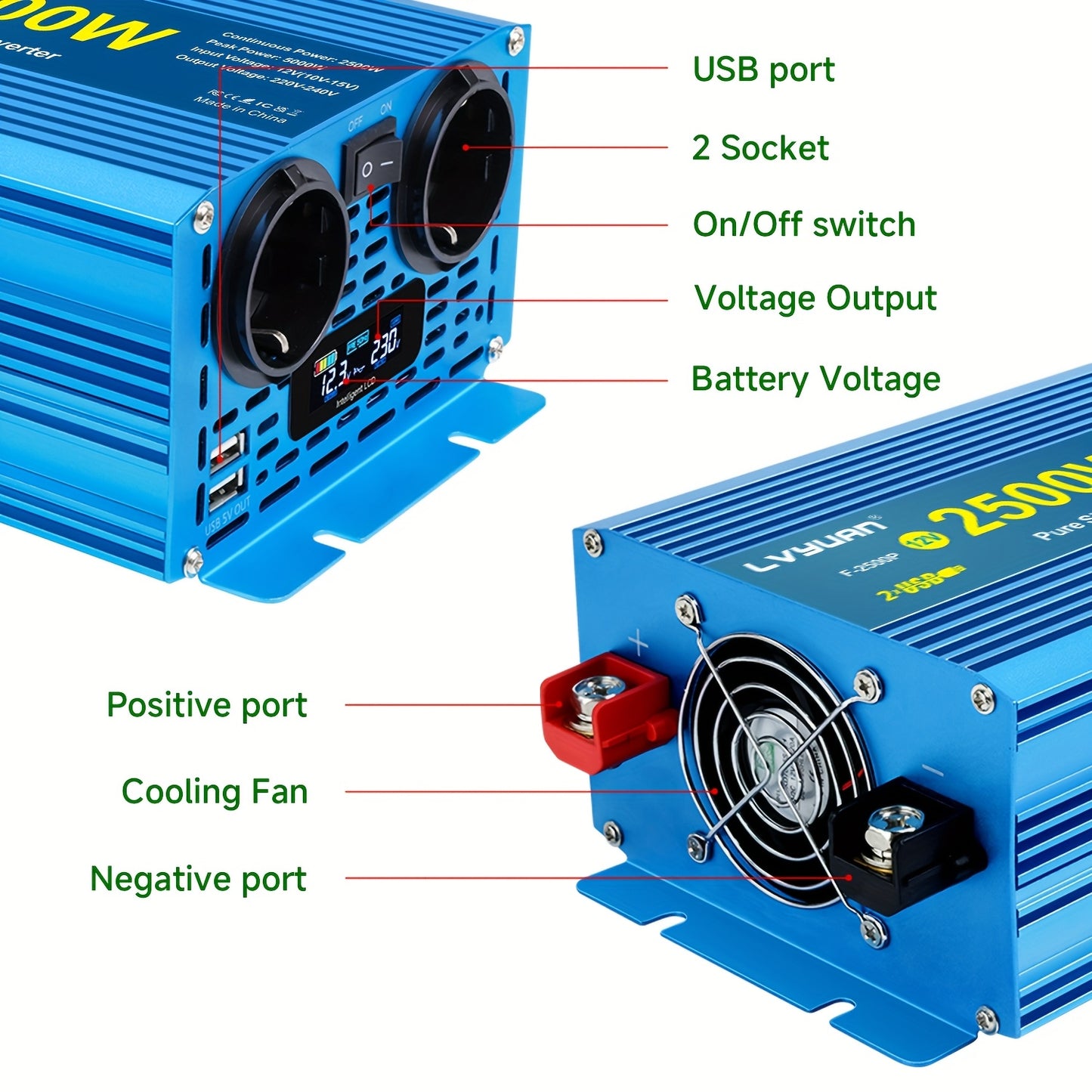 LVYUAN Pure Sine Wave Power Inverter 2500 Watt/5000W (Peak) 12V DC to 220V AC Converter, 2 AC Outlets Car Inverter with LCD Display for Car Boat Truck RV Solar Power Travel Camping, Portable Power Supply, Lightweight Design,