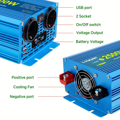 Zuivere Sinusgolf Omvormer – Stroomomzetter – Power Inverter – DC Naar AC Converter – 2500W / 5000W Pieken – LCD Display – Compact & Lichtgewicht