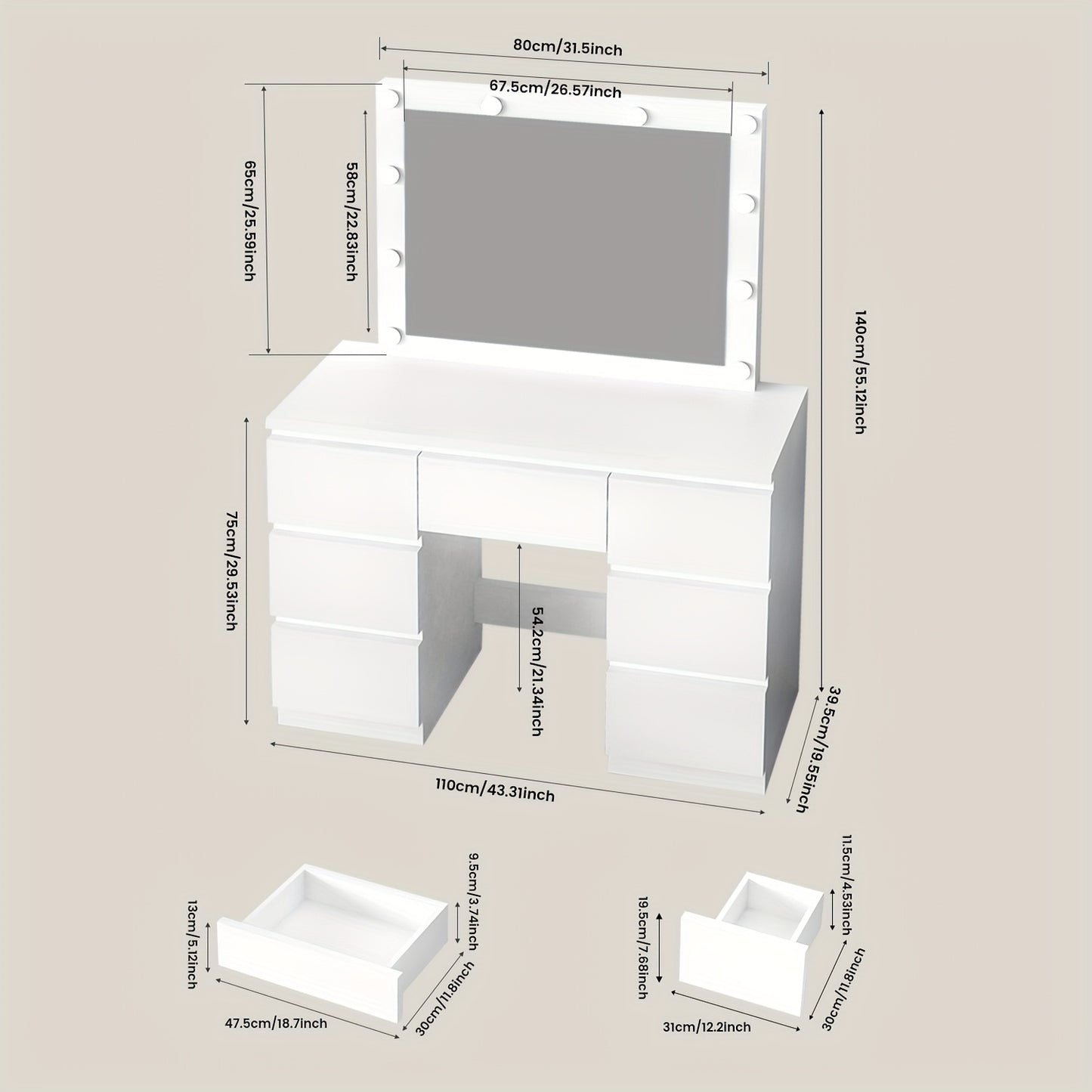 Kehot OYAJIA-GS03 Kaptafel met USB-Verlichting – 6 Laden & Planken, 68,5 cm Hoog – Wit, Moderne Make-up Tafel met 3,2+ Cubic Feet Opbergruimte