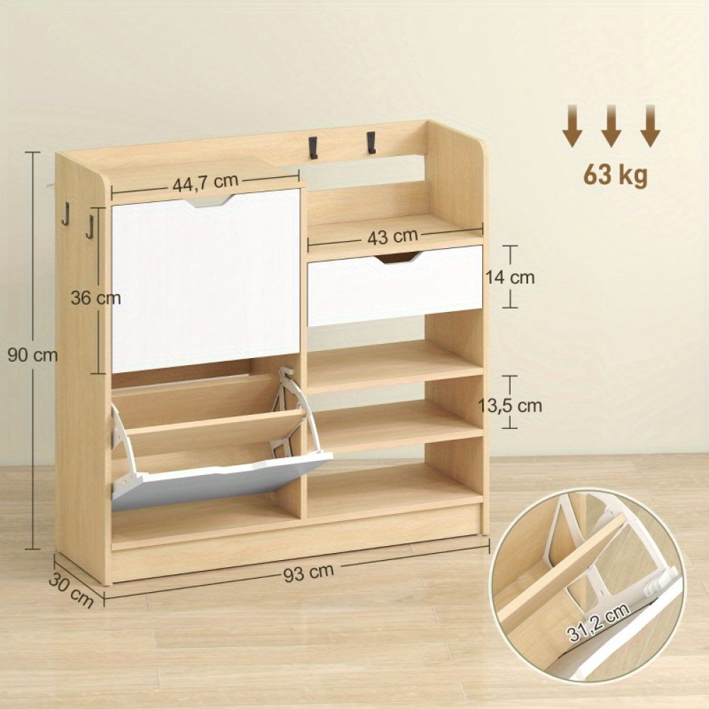 Shoe Cabinet, Suitable for Hallways, Featuring a Lift-up Drawer, Open Shelving and Four Hooks, Accommodating up to Fourteen Pairs of Shoes, Natural Finish.