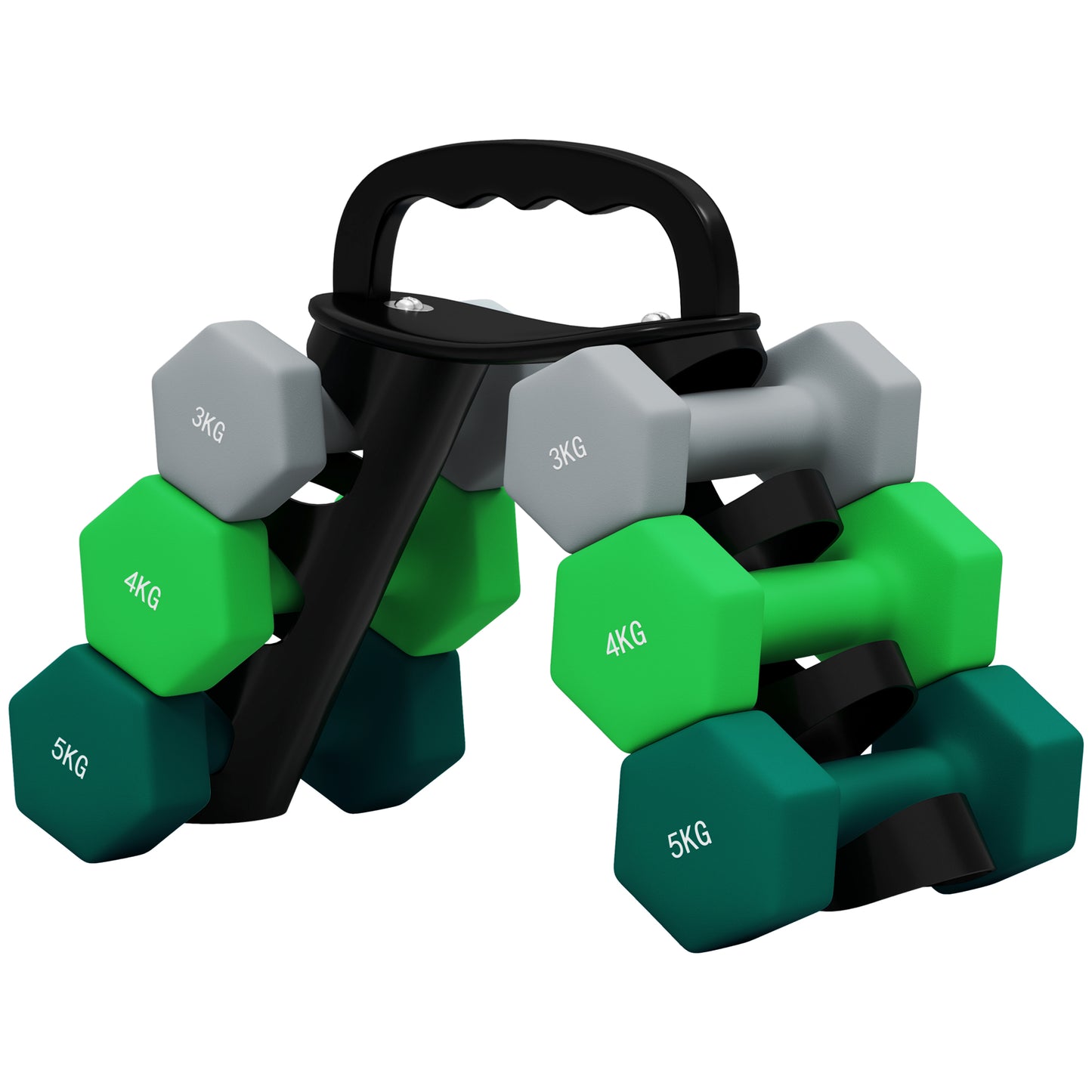 Dumbbell Set – Halter Set – Krachttrainingsset – Fitness Gewichten – Home Workout Set – Hexagonale Vorm – Inclusief Compact Opbergrek – Grijs, Groen, Zwart