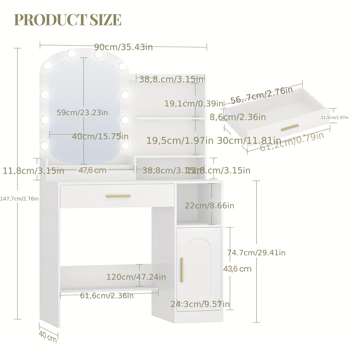 Toilettafel – Kaptafel – Make-up Tafel – Opmaaktafel – Dressoir – Ruime Opbergruimte en Anti-kantelbeveiliging – Compacte Witte MDF Spaanplaat Kaptafel met Ovale Spiegel en Gouden Poten