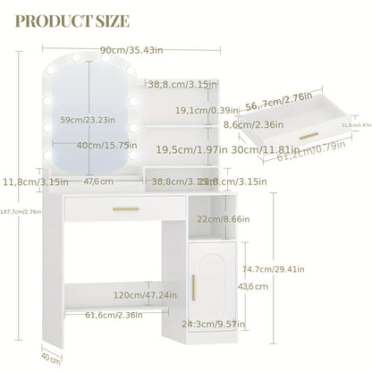 Toilettafel – Kaptafel – Make-up Tafel – Opmaaktafel – Dressoir – Ruime Opbergruimte en Anti-kantelbeveiliging – Compacte Witte MDF Spaanplaat Kaptafel met Ovale Spiegel en Gouden Poten