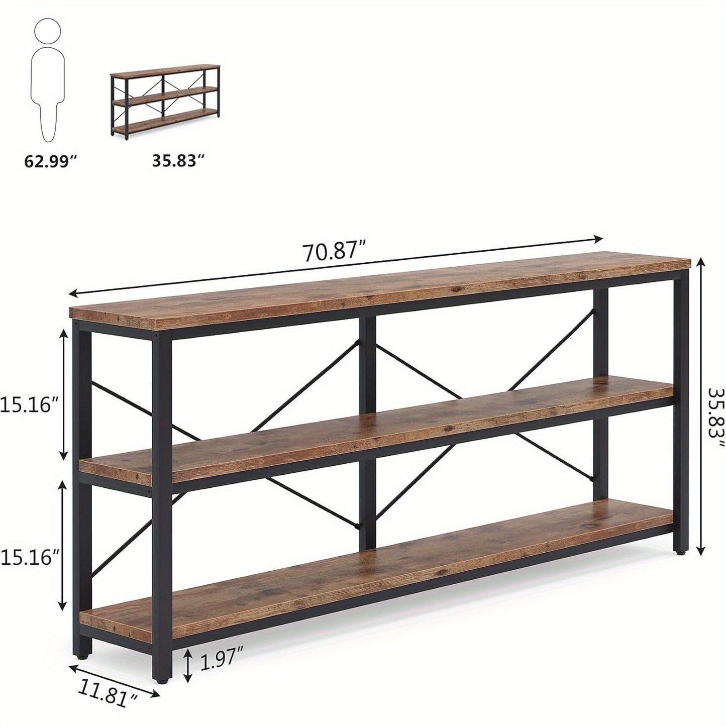 Sofa Tafel – Sidetable – Console Tafel – Opbergtafel – Haltafel – Rustiek Bruin – Extra Lang 180 cm – Metalen X-Frame – 3 Laags Opbergruimte – Verstelbare Voetjes
