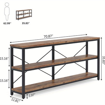 Sofa Tafel – Sidetable – Console Tafel – Opbergtafel – Haltafel – Rustiek Bruin – Extra Lang 180 cm – Metalen X-Frame – 3 Laags Opbergruimte – Verstelbare Voetjes