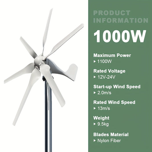 Windturbine Horizontale As – Windmolens – Windgenerator – Windenergie Systeem – Windmolen Generator – 24V 1000W – Laag Geluid & Laag Startwindvermogen