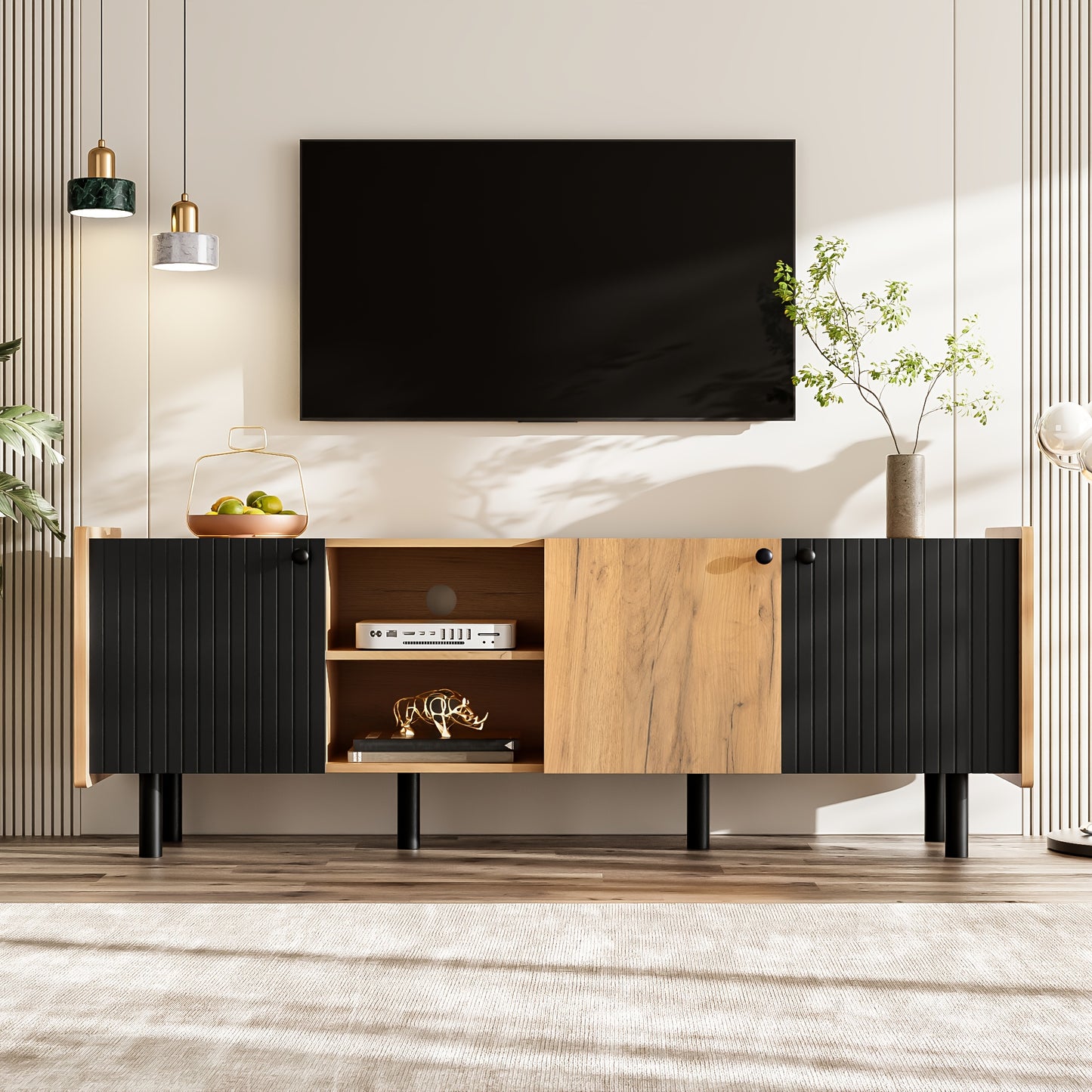 tv meubel – tv kast – tv dressoir – tv console – tv meubelen – modern design – 160 cm breed – geschikt voor tv tot 65 inch – stevige constructie – drie deuren en open vakken