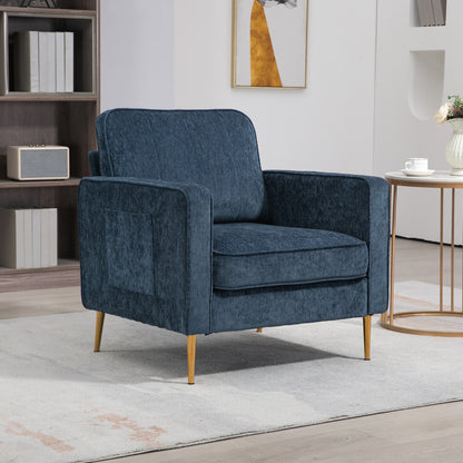 Fauteuil – Relaxstoel – Loungestoel – Zetel – Armstoel – Blauwe Stoffering – Gouden Metalen Poten – Zijzakken – Compact Design
