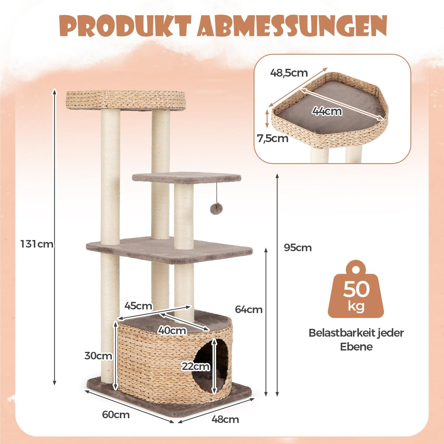 Krabpaal – Krabmeubel – Kattenklimpaal – Krabton – Kattenmeubel – 131 cm Hoog – Natuurlijk Riet en Sisal