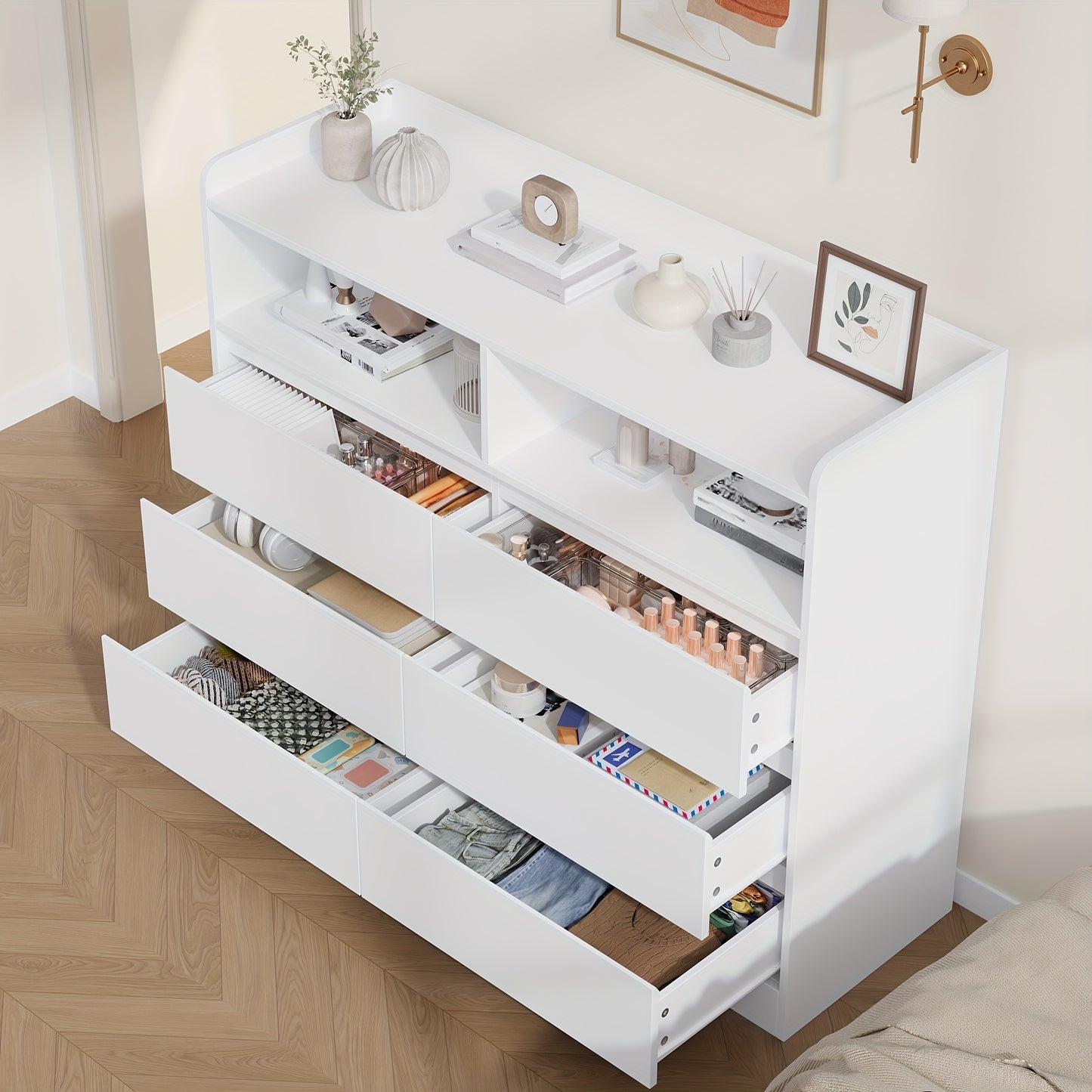 Brede Ladekast – Ladekast Met Lades – Opbergkast – Dressoir – Kast Met Open Vakken – Modern Wit Design – 6 Ruime Lades Met 2 Open Vakken – Stevig Kunststof En Massief Hout