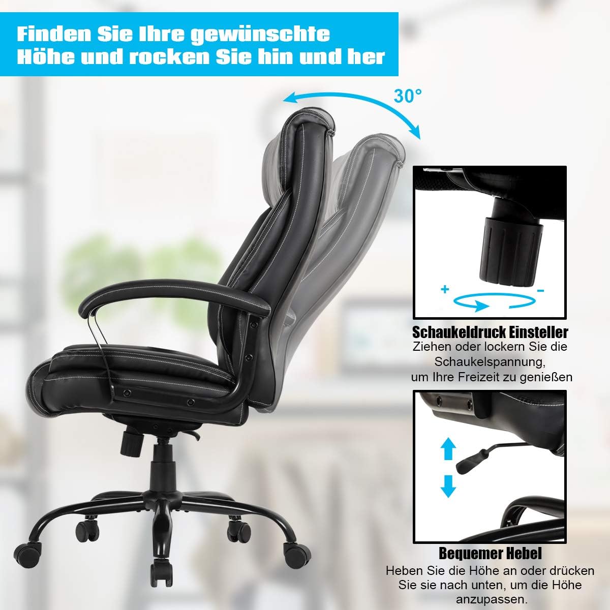 Bureaustoel – Office Chair – Werkstoel – Computerstoel – Bureaustoel Ergonomisch – Verstelbare Zithoogte 50-60 cm – Draagvermogen 220 kg – 360° Draaibaar – Kunstleer Zwart