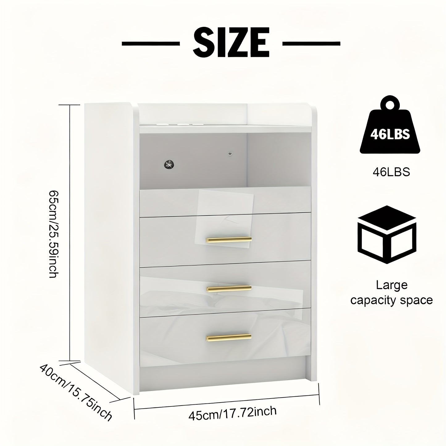 Zwarte Moderne Nachtkast – Zwaar Belastbaar, 3 Lades en Open Plank – Compacte Smalle Kast voor Kleine Ruimtes met Gouden Knoppen, Houten Look Bovenblad, Eenvoudige Montage