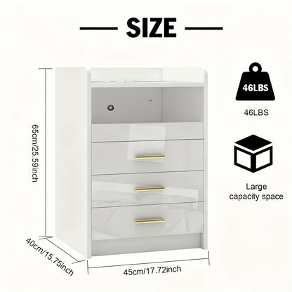 Zwarte Moderne Nachtkast – Zwaar Belastbaar, 3 Lades en Open Plank – Compacte Smalle Kast voor Kleine Ruimtes met Gouden Knoppen, Houten Look Bovenblad, Eenvoudige Montage