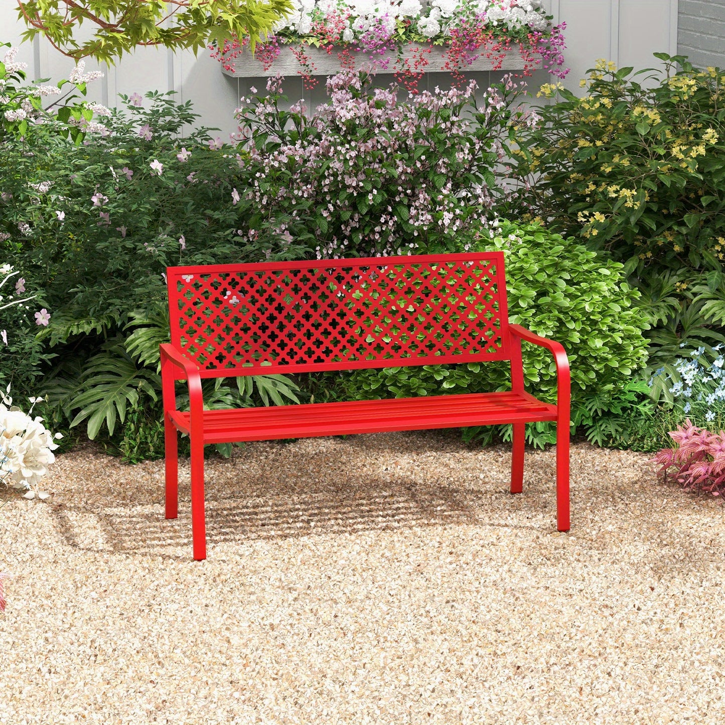 Tuinbank – Buitenbank – Tuinmeubel – Parkbank – Bankje – Metaal – 127 cm Lang – Rood – Slatted Zitting – Ergonomische Armleuningen