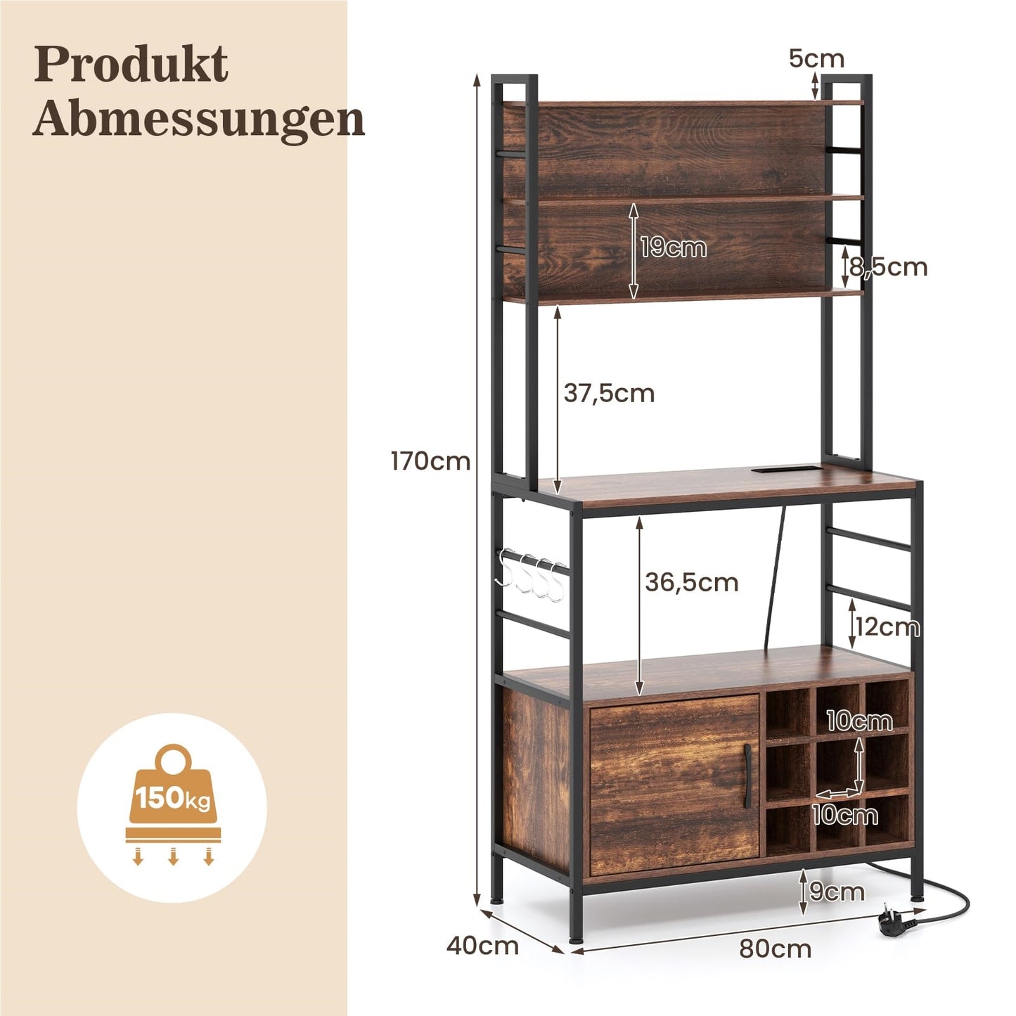 Keukenkast – Keukenkastje – Opbergkast – Kast Met Wijnrek – Vloerkast – Ingebouwd Stopcontact & USB – 80x40x170 cm Bruin