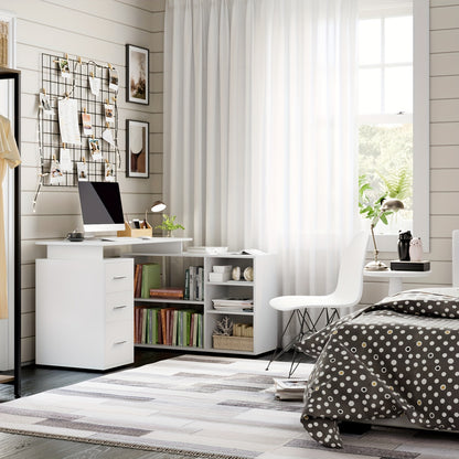 Hoekbureau – Bureau – Computertafel – L-Vormig Bureau – Schrijftafel – Wit Gelakt Hout – 3 Laden Opbergruimte – Compact Ruimtebesparend Design