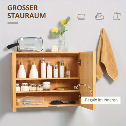 Badkamerkast – Badkamermeubel – Opbergkast – Spiegelkast – Wandschap – Spiegeldeuren – Schuifplanken – Compact Ontwerp – Hout Metaal Glas – 65,2x14x50 cm – Eenvoudige Montage