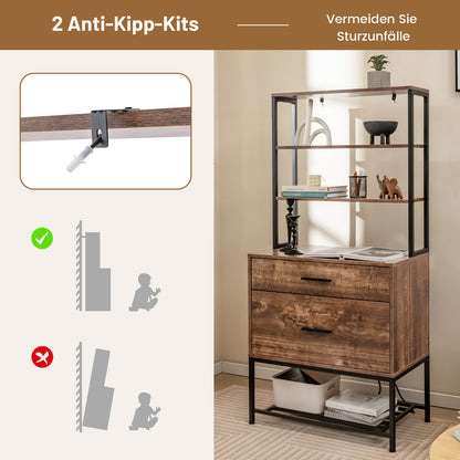 Archiefkast – Filekast – Kantoorrek – Documentenkast – Ladenkast – Vintage Bruin – 3 Open Planken – 2 Grote Laden Voor Hangmappen