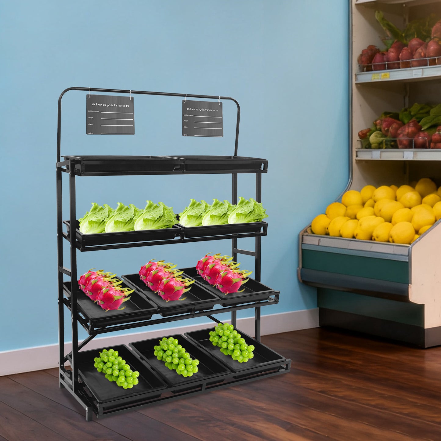 Winkelstandaard – Vloerdisplay – Productrek – Verkoopdisplay – Mandjesrek – 10 Mandjes – Draagkracht 100 kg – Zwart Gecoat IJzer