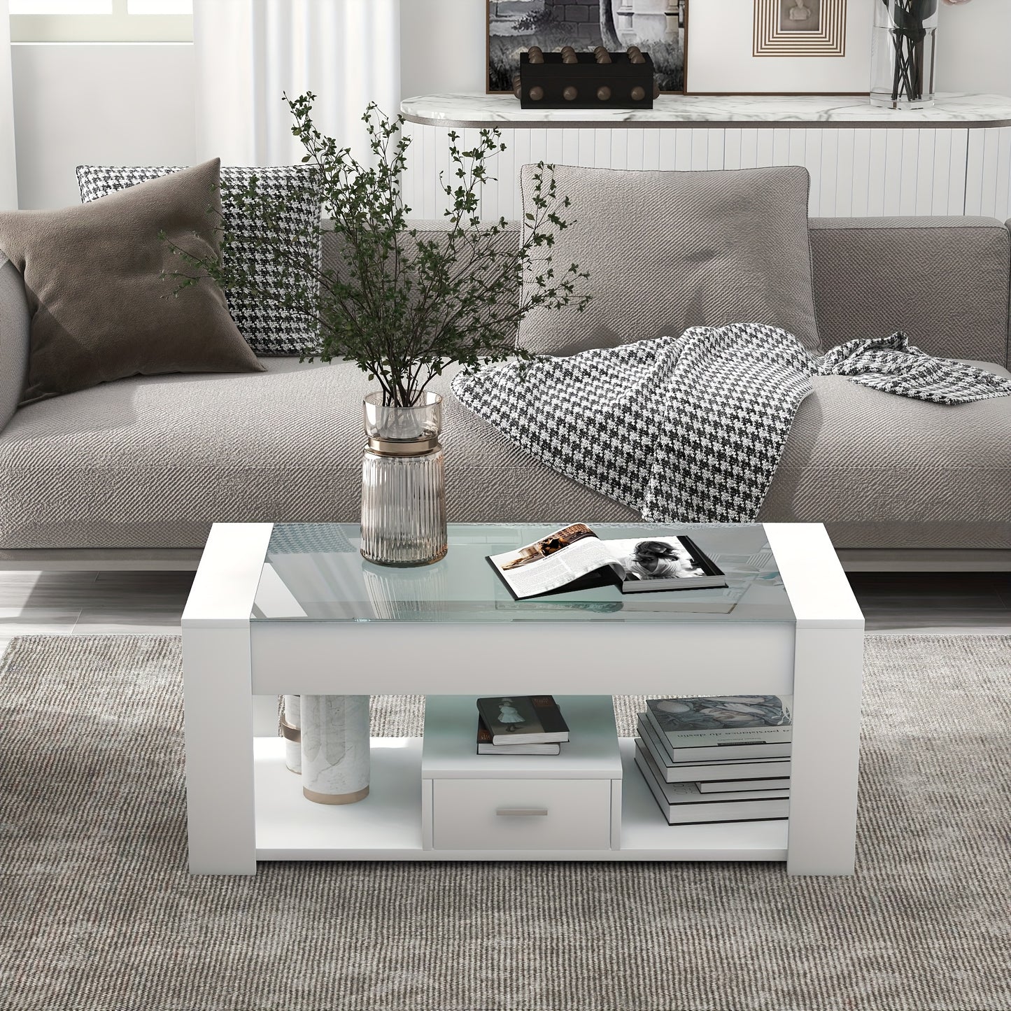 Salontafel – Tafel – Koffietafel – Woonkamertafel – Opbergtafel – Modern Wit Design – Glazen Blad Met Opbergruimte