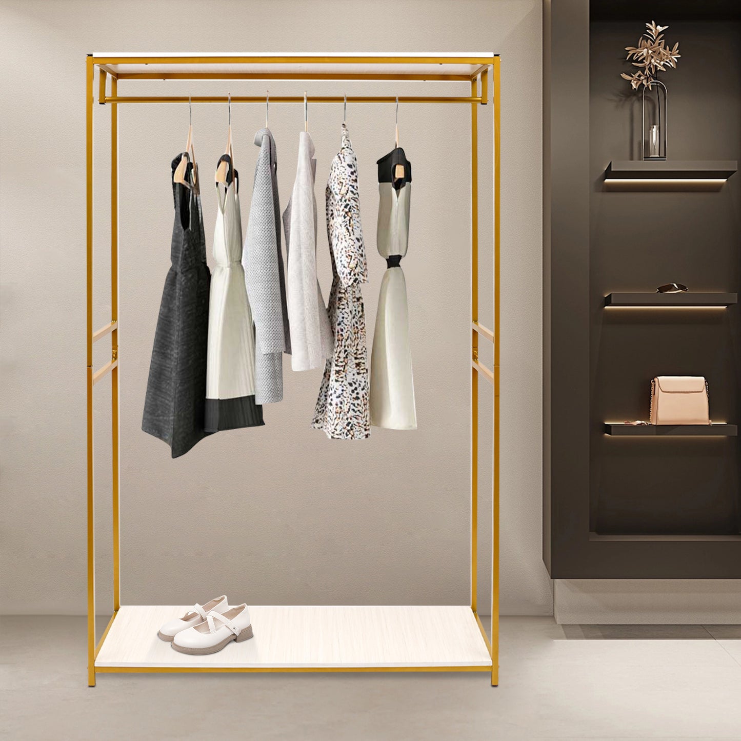 Heavy Duty Rolling Clothing Rack with Adjustable Height & 3-Tier Shelves - Golden Metal Frame Freestanding Garment Rack with Hanging Rods, Space-Saving Mobile Wardrobe Organizer for Home, Retail, Boutique - Sturdy Iron Constr