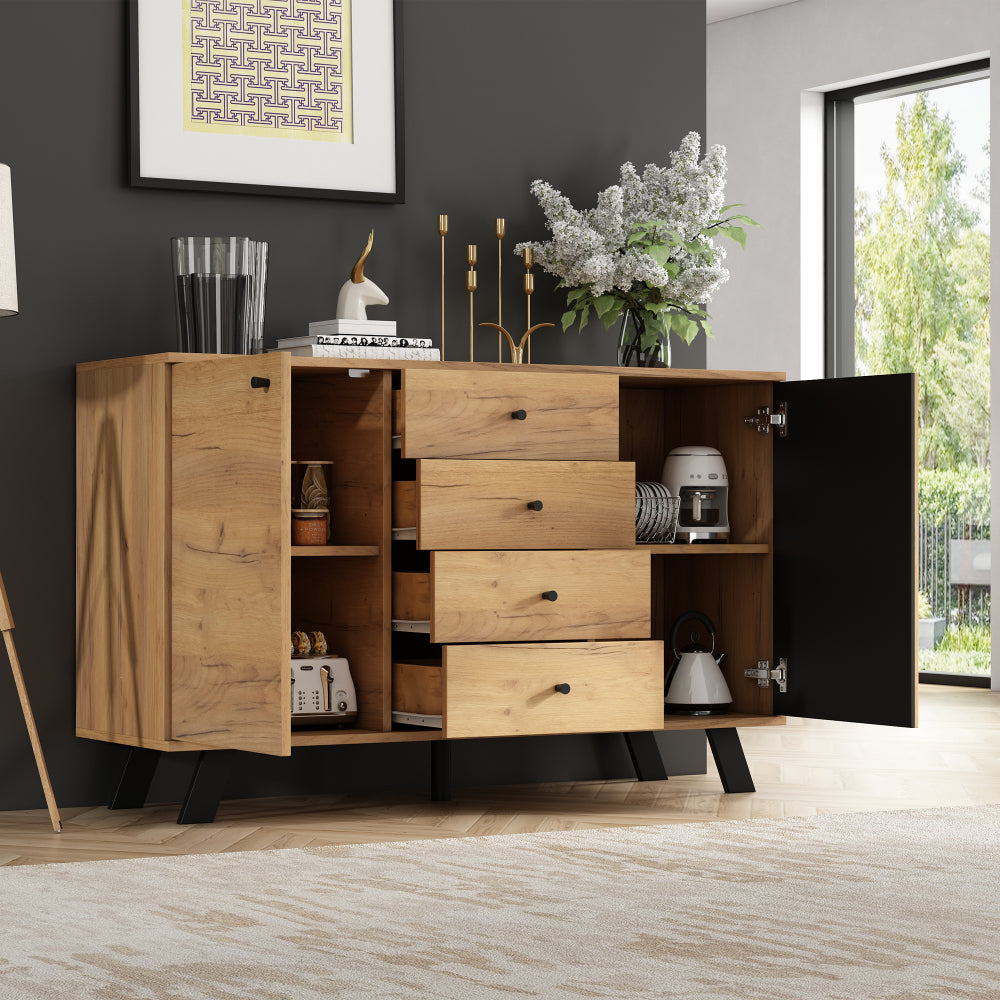 Dressoir – Sideboard – Ladekast – Opbergkast – Commode – Modern Wit – 4 Laden & 2 Deuren – 120x38x75 cm – Zwarte Poten