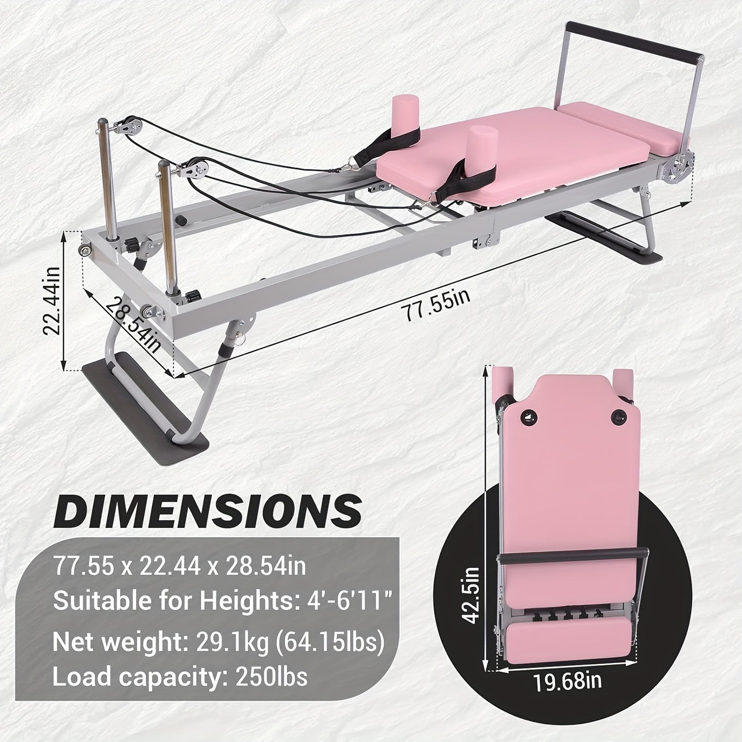 Pilates Reformer – Pilates Machine – Fitnessapparaat – Gymtoestel – Trainingsapparaat – Inklapbaar & Compact – Verstelbare Weerstand – Roze – Stevig Frame & Comfortabele Kussens