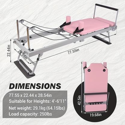 Pilates Reformer – Pilates Machine – Fitnessapparaat – Gymtoestel – Trainingsapparaat – Inklapbaar & Compact – Verstelbare Weerstand – Roze – Stevig Frame & Comfortabele Kussens