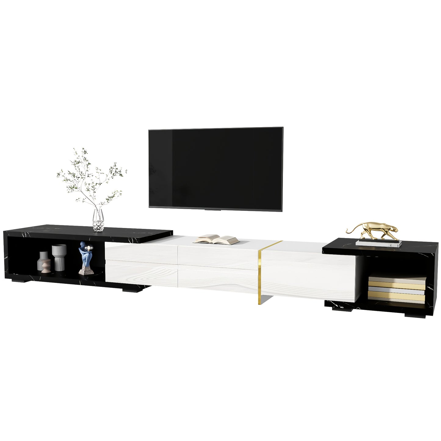 Modern TV Stand with Swivel Doors & Variable Length - Black Marble Look & Golden Accent White High-Gloss Matte Finish, Metal Construction, Space-Saving Design with Storage Shelves, No Electrical Required, Easy Assembly for La