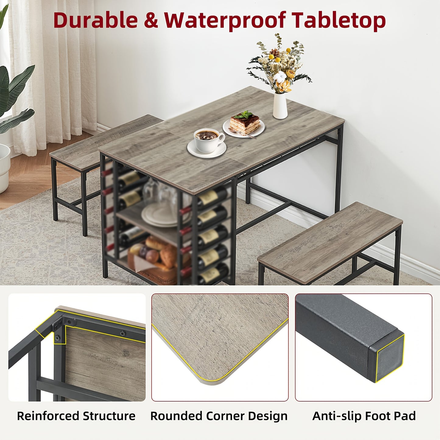Eettafel Set 3-Delig – Keukentafel – Tafel Met Bank – Bistro Set – Kleine Eettafel – Compact Ontwerp – Hardhouten Blad & Wijnrek – Zwart Metalen Frame – Ruimtebesparend Voor Kleine Woonruimtes