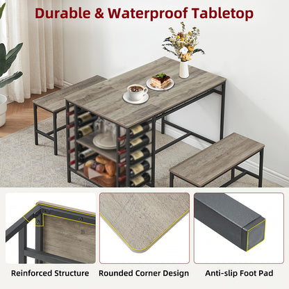 Eettafel Set 3-Delig – Keukentafel – Tafel Met Bank – Bistro Set – Kleine Eettafel – Compact Ontwerp – Hardhouten Blad & Wijnrek – Zwart Metalen Frame – Ruimtebesparend Voor Kleine Woonruimtes