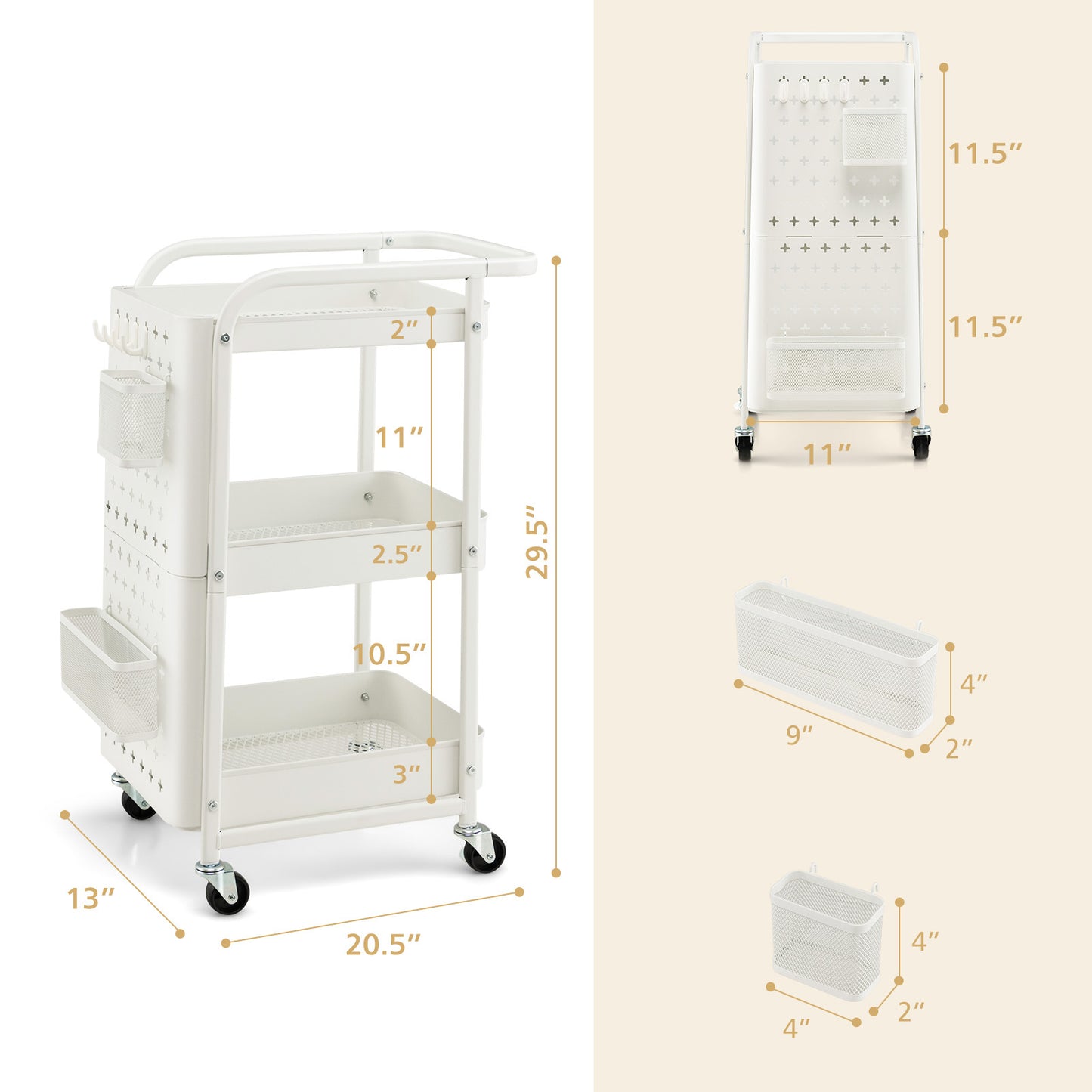 Opbergrek – Opbergtrolley – Stellingkast – Opbergwagen – Opbergrek – Metalen Frame – Ruimtebesparend Design – 3 Laags – Wit – Pegboards Met Haken En Bakken – Duurzaam Koolstofstaal