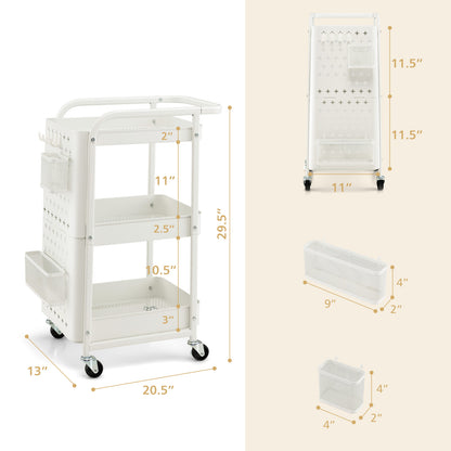 Opbergrek – Opbergtrolley – Stellingkast – Opbergwagen – Opbergrek – Metalen Frame – Ruimtebesparend Design – 3 Laags – Wit – Pegboards Met Haken En Bakken – Duurzaam Koolstofstaal
