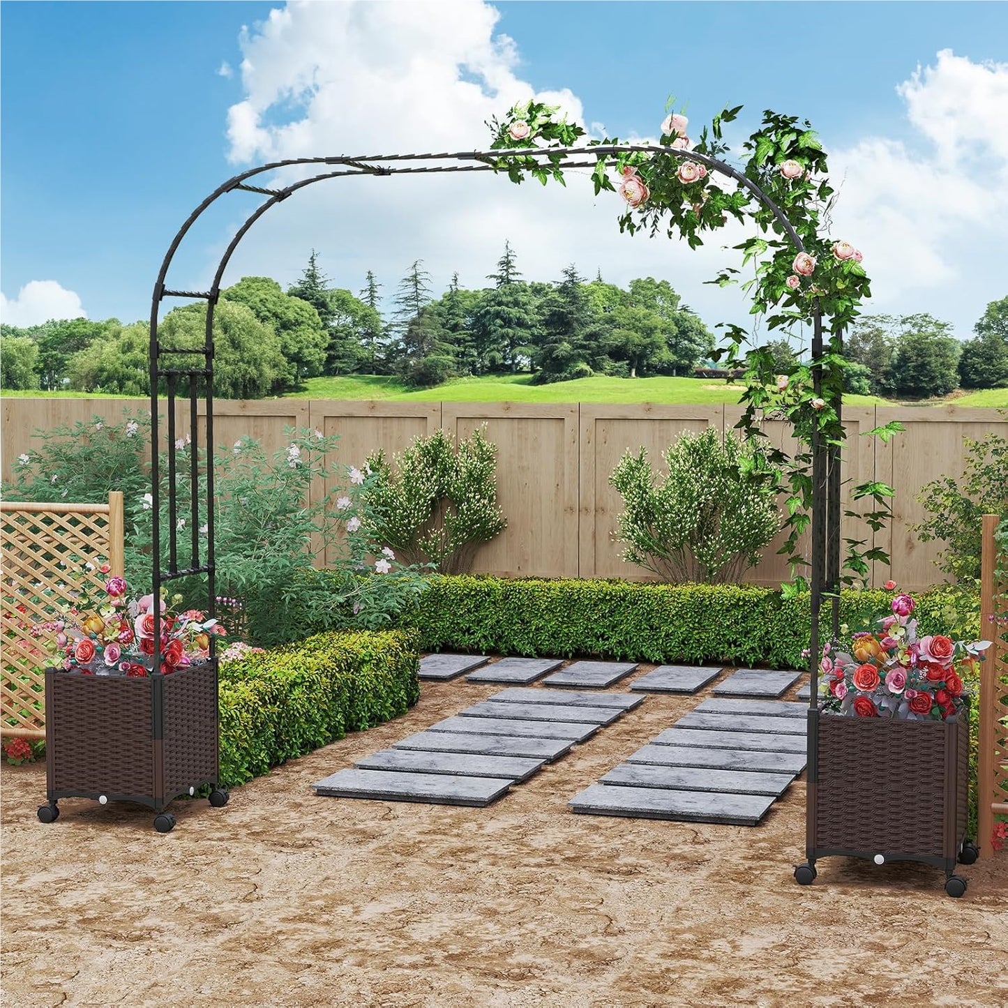 Tuinboog 2-in-1 – Rozenboog – Klimrek – Klimplantboog – Archeon – Met Bloembakken Op Wielen – Met Drainagegaten – 288 cm Hoog – Zwart Metaal en PP