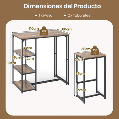 3-delig Barset – Bartafel Set – Bistroset – Eettafel Set – Krukjes – Compact Design – Stevige Metalen Constructie – Koffiebruin + Zwart