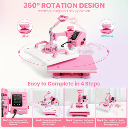 Transferpers – Hittepers – Heat Press – Warmte Pers – Drukpers – 8-in-1 Multifunctioneel – 38,1x38,1 cm Werkoppervlak – 360° Zwenkbare Arm