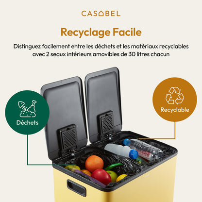 Afvalemmer keuken – prullenbak – vuilnisbak – afvalbak – recyclebak – 60 liter dubbele compartimenten – roestvrij staal geborsteld